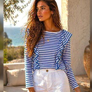 Lilly Pulitzer Top Sz S Blue White Coastal Stripe Ruffle Long Sleeve Preppy Top